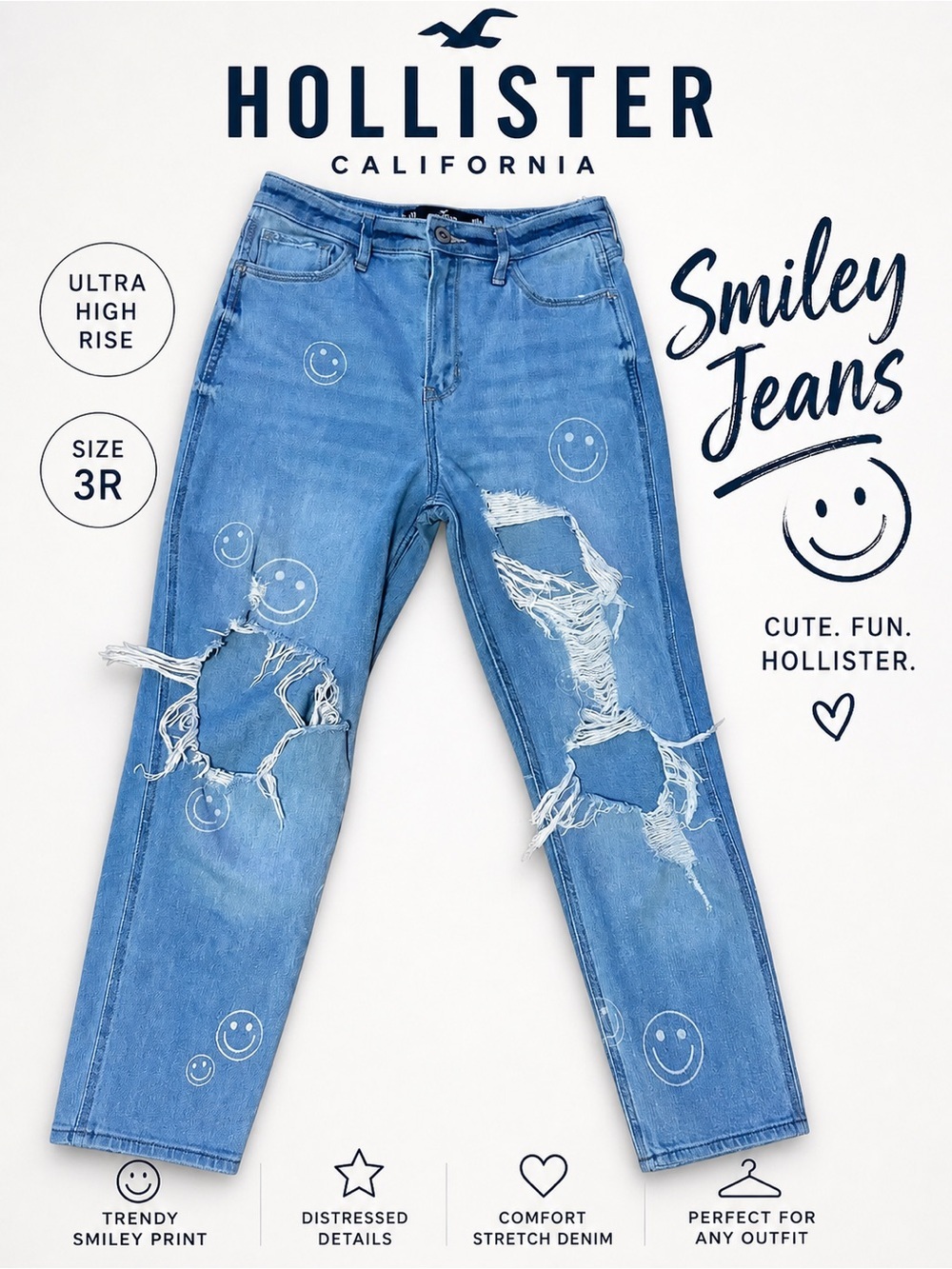 Hollister Smiley Face Jeans Ultra High Rise Distressed Size 3R